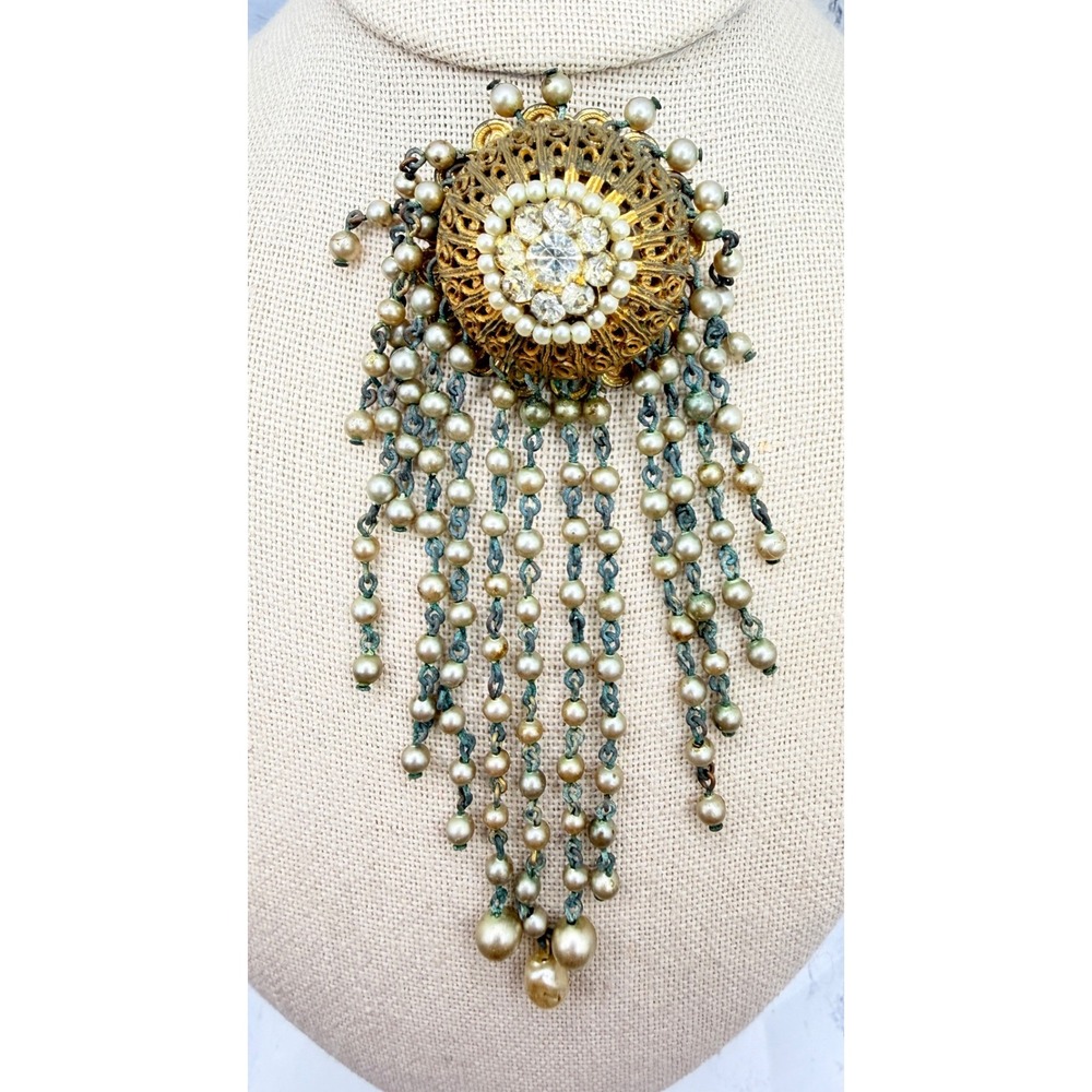 Vintage Faux Pearl Tassel Brooch Gold Tone Filigree Glass Rhinestones 4"